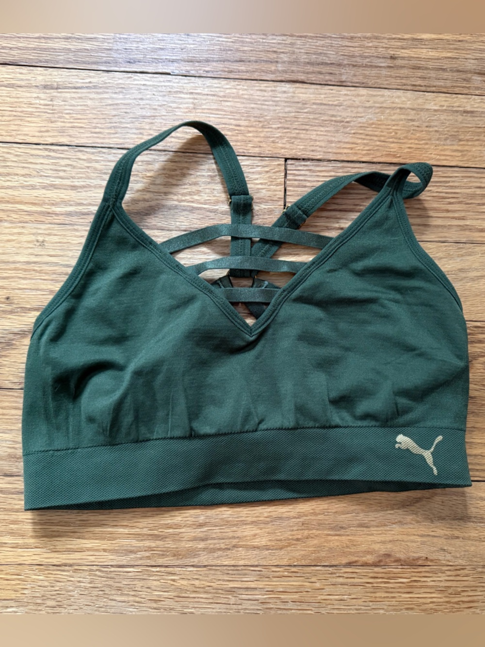 Puma Dark Green Strappy V‑Neck Sports Bra